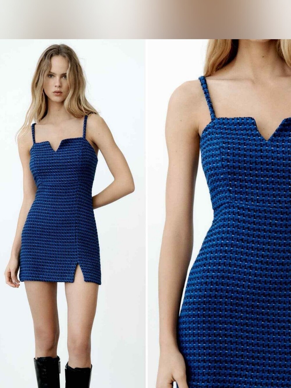 NWT Zara Small Blue Textured Tweed Weave Tank Mini Dress